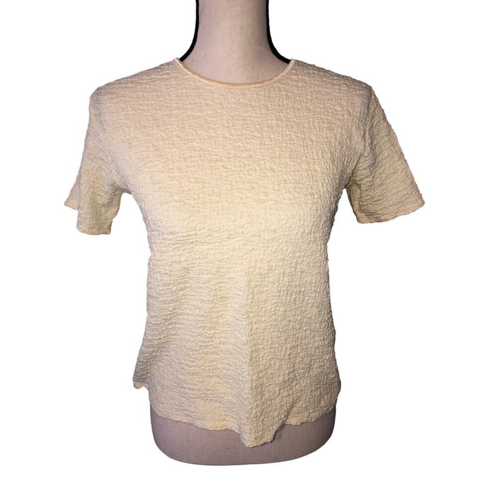 Vintage Pucker Knit Top Size M Petite Cream Architect Taiwan 90s Y2K Babybdoll